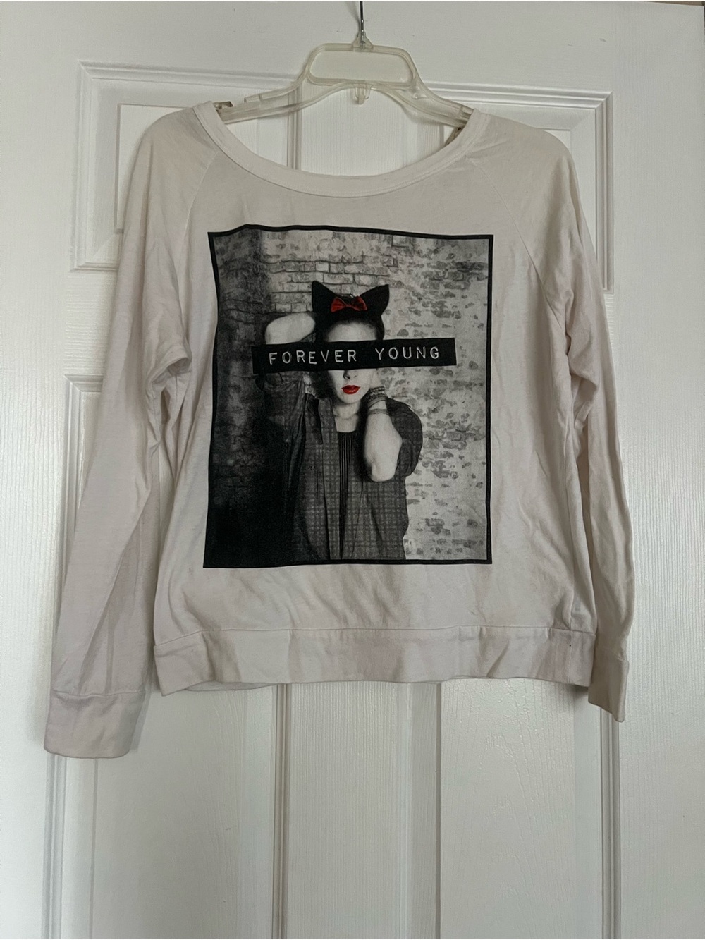 Forever 21 Light Cream 'Forever Young' Graphic Tee with Red Accent